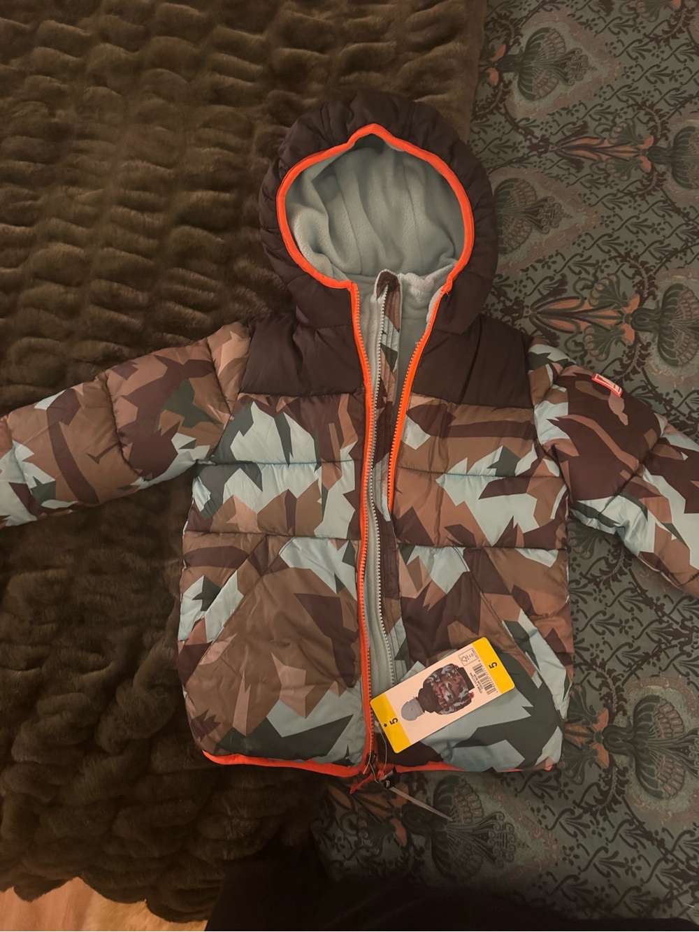 Snozu Kids Geometric Camouflage Puffer Jacket in Brown, Light Blue & Orange Trim
